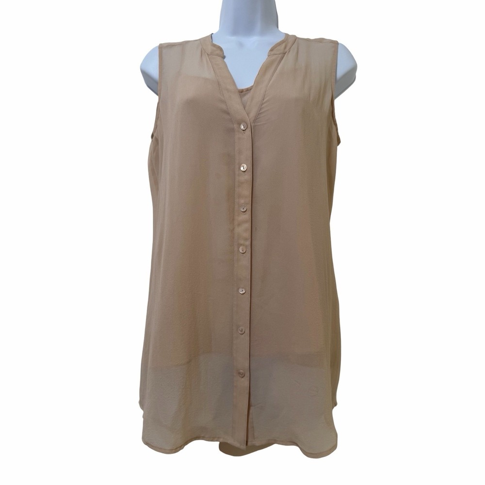 Eileen Fisher Womens Silk Sheer Sleeveless Button Down Tank Top Size XS Beige